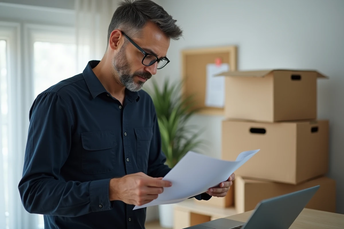 Homme lisant attentivement une lettre de préavis imprimée dans un bureau à domicile avec des cartons de déménagement en arrière-plan