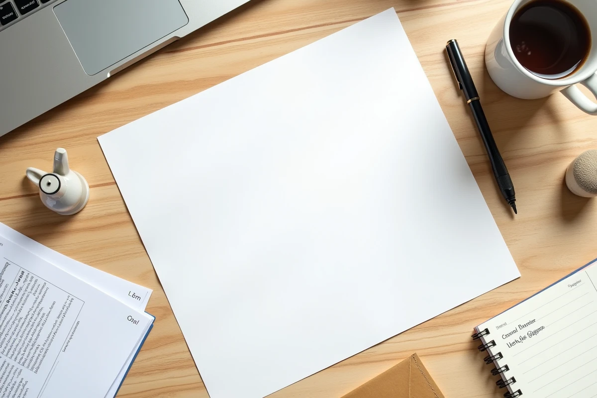 Vue de dessus d'une lettre de préavis de location avec enveloppe timbrée, stylo et agenda sur un bureau en bois