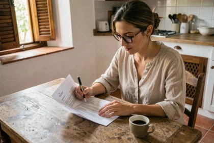 Locataire espagnole lisant son contrat d'assurance habitation à la table de sa cuisine méditerranéenne