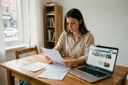 Jeune locataire comparant des offres d'assurance habitation pas chères sur son ordinateur portable dans son appartement