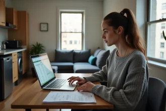 Locataire d'un studio T1 examinant des documents fiscaux liés à la taxe foncière et à la taxe d'habitation sur un bureau compact