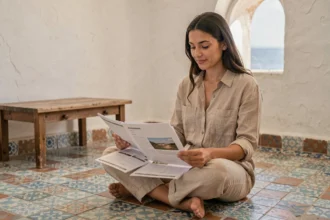 Jeune femme consultant des annonces de location longue durée dans un appartement traditionnel de riad à Essaouira