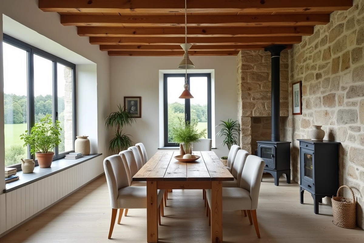 Intérieur rénové d'une longère bretonne avec poutres en chêne, murs en pierre apparente et poêle en fonte