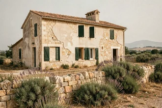 Maison abandonnée en pierre de taille dans la campagne provençale avec volets verts décrépits et végétation envahissante, opportunité immobilière en PACA