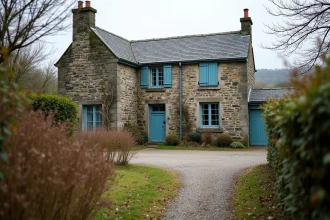 Maison en pierre traditionnelle en Bretagne avec murs en granit et volets en bois, entourée de haies sauvages en automne