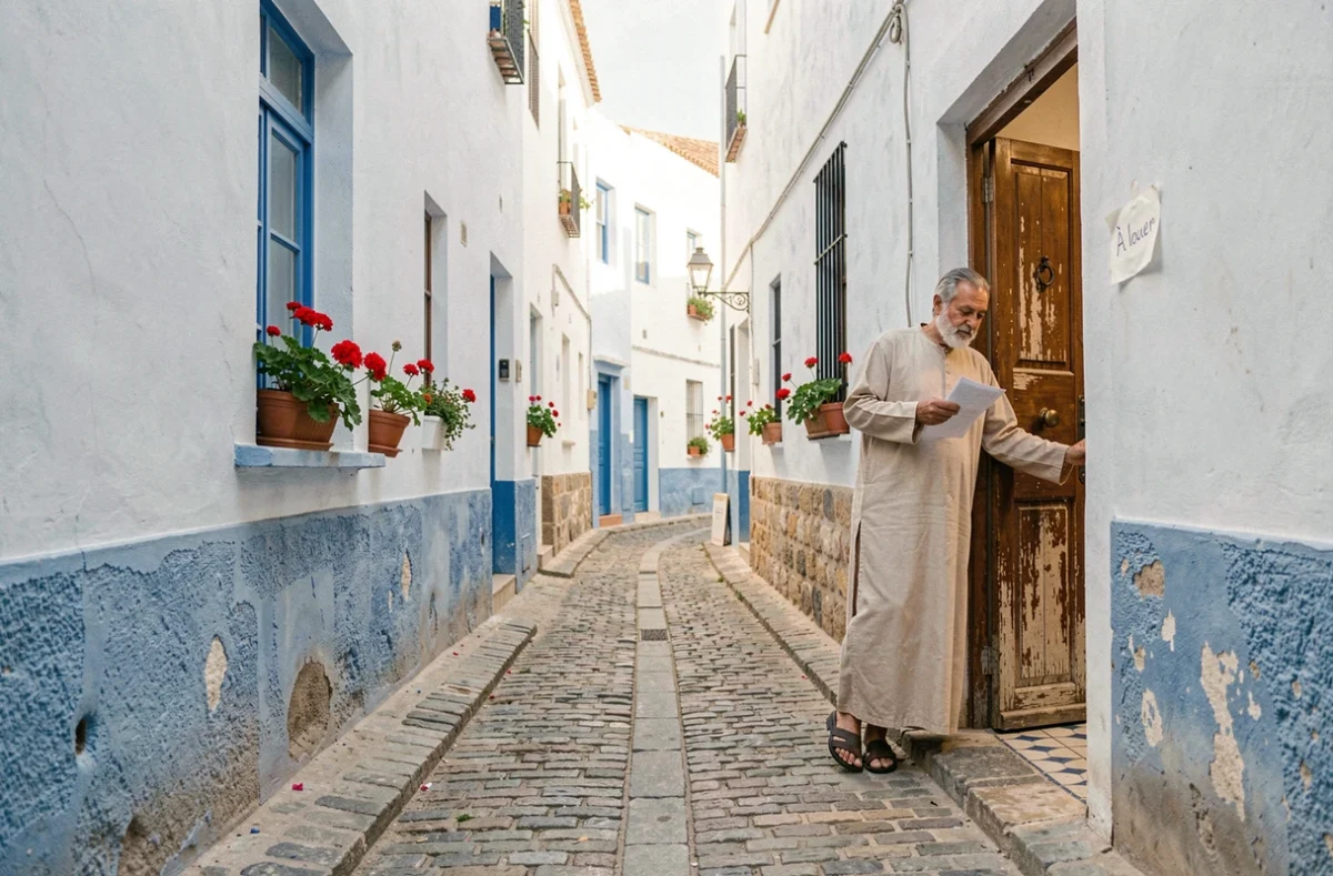 Ruelle pittoresque de la médina d'Essaouira avec panneau de location longue durée sur une porte en bois