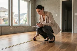 Femme mesurant la superficie d'une pièce vide avec un mètre ruban sur parquet, calcul de surface en m2
