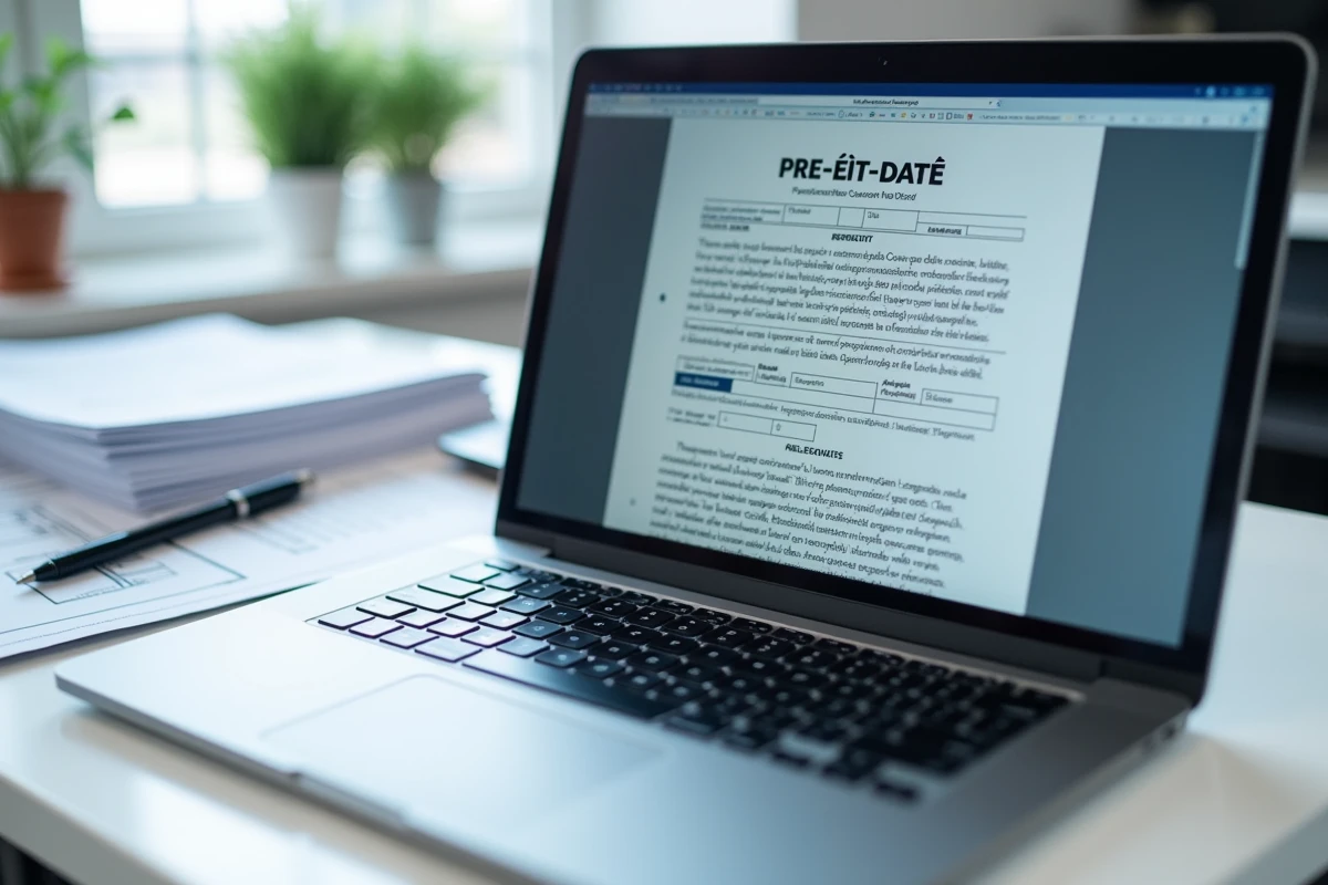 Modèle de pré-état daté vierge ouvert dans Word sur un ordinateur portable posé sur un bureau de gestion immobilière