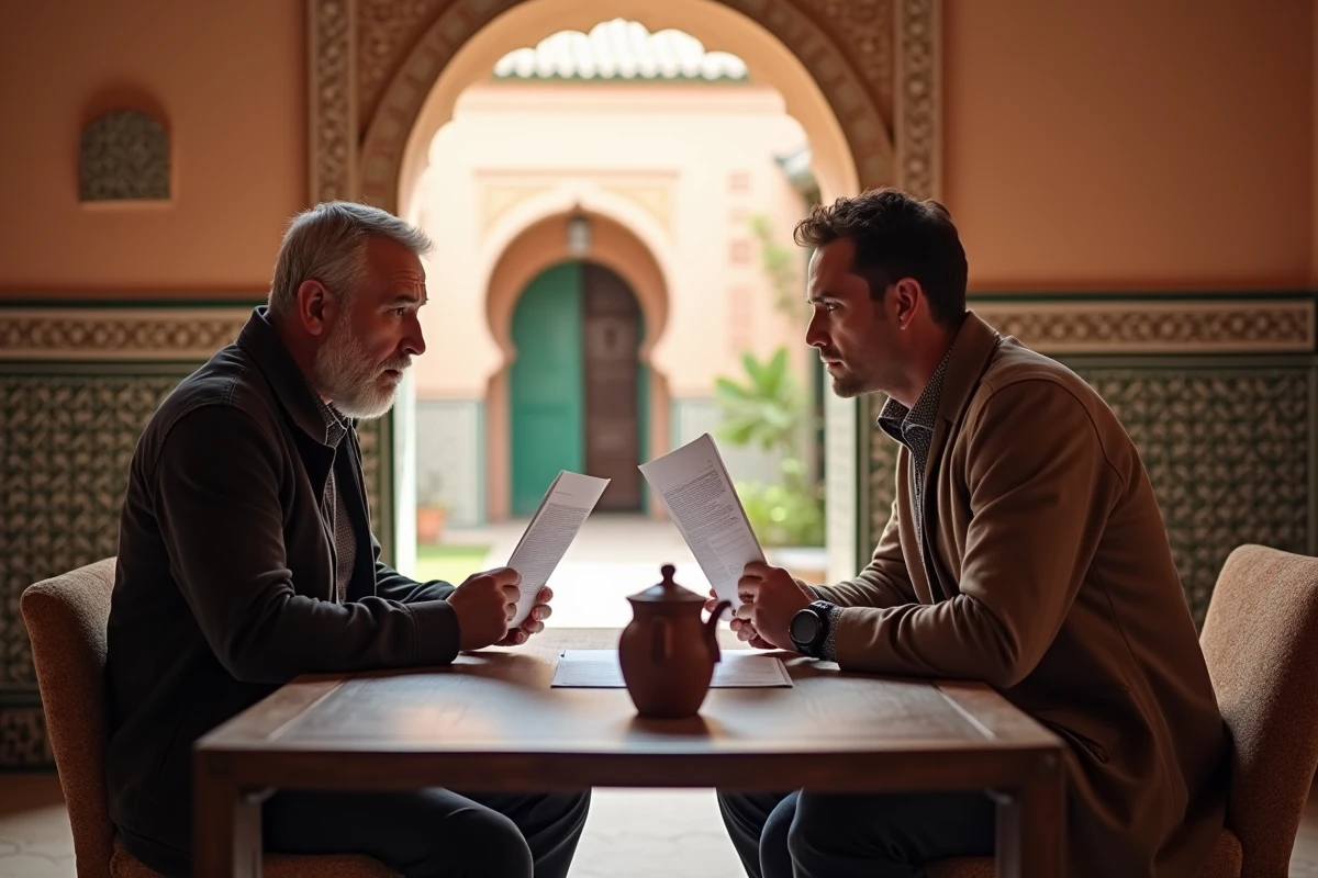 Expatrié et propriétaire marocain discutant d'un contrat de location longue durée dans un riad d'Essaouira