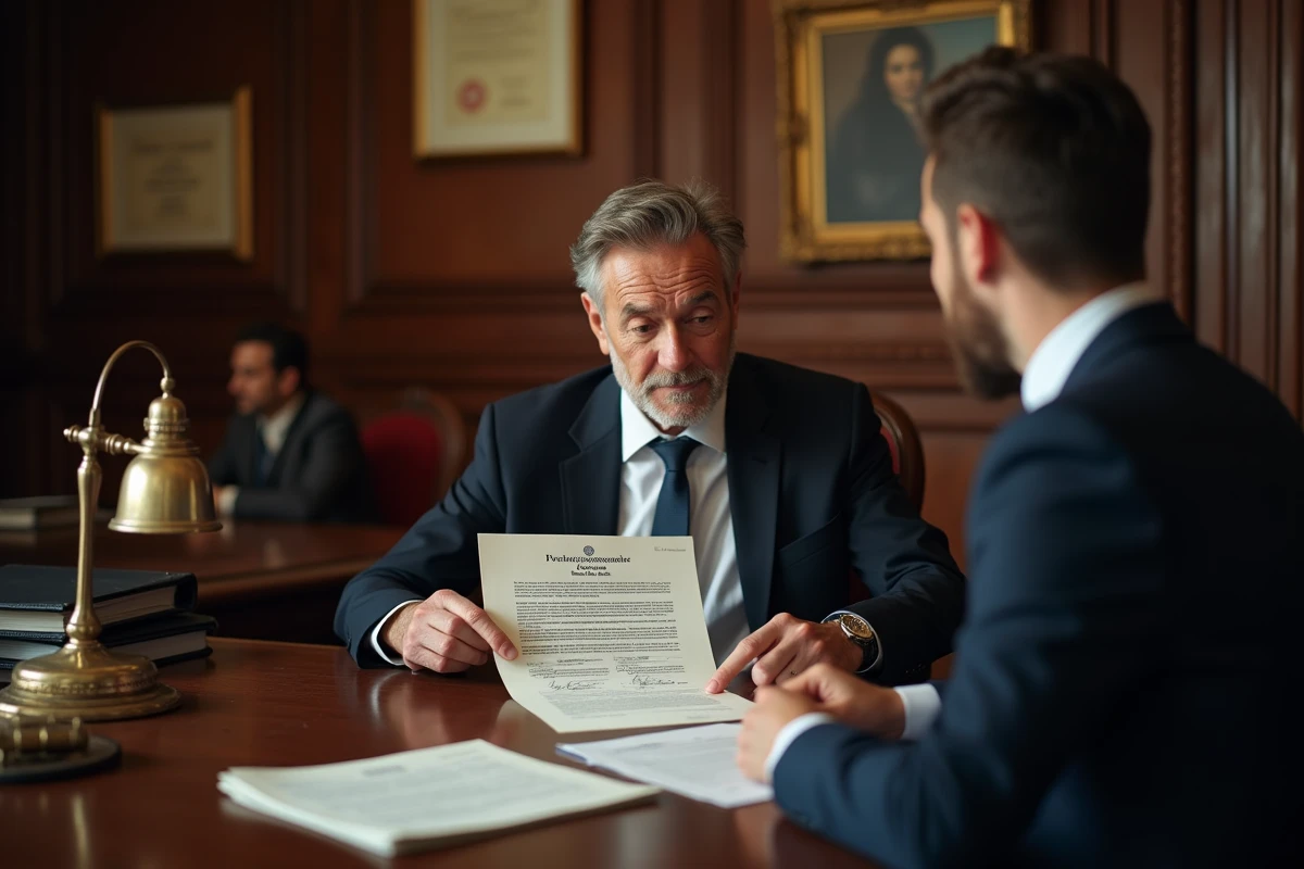 Notaire et client examinant un acte de propriété foncière dans une étude notariale pour identifier le propriétaire d'une parcelle dans le respect du RGPD