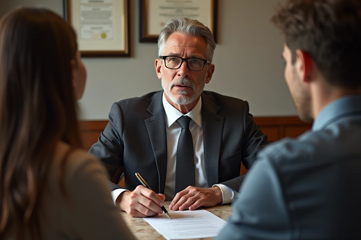 Notaire parlant avec un jeune couple dans un bureau chaleureux