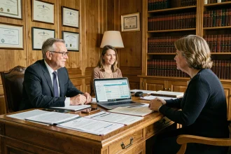 Notaire en costume marine discutant de l'estimation immobilière avec un couple dans un bureau notarial traditionnel