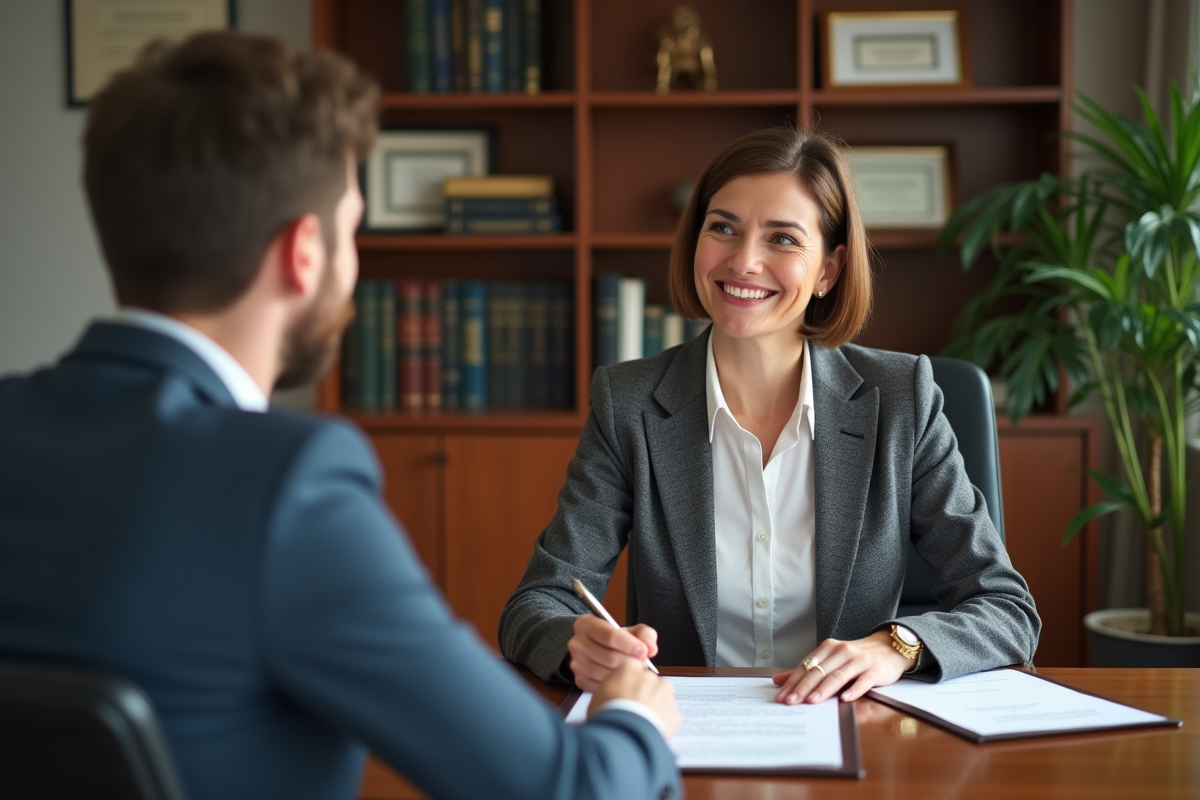 Notaire femme explique documents à un jeune couple dans son bureau
