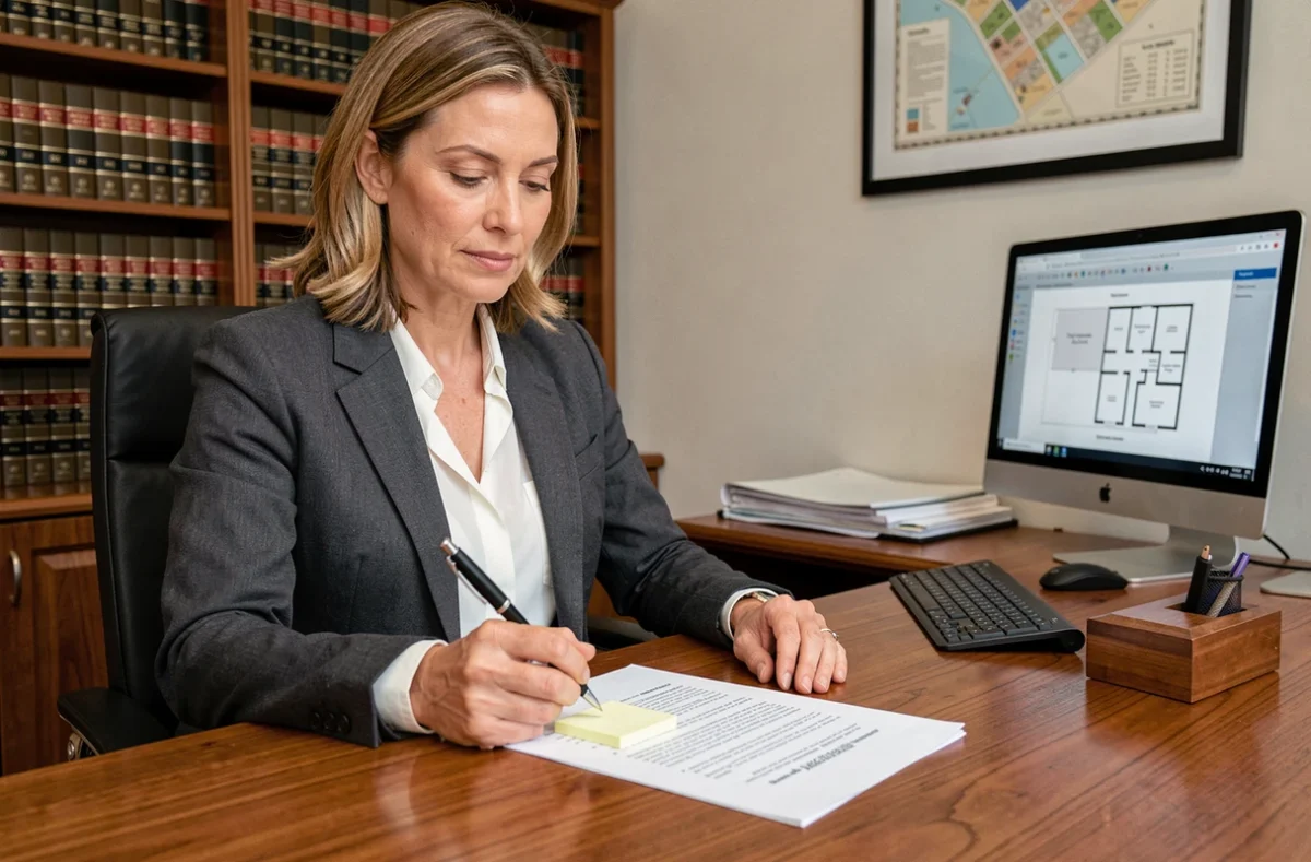 Notaire immobilier examinant les textes réglementaires sur les normes de surface minimale des chambres dans un bureau juridique
