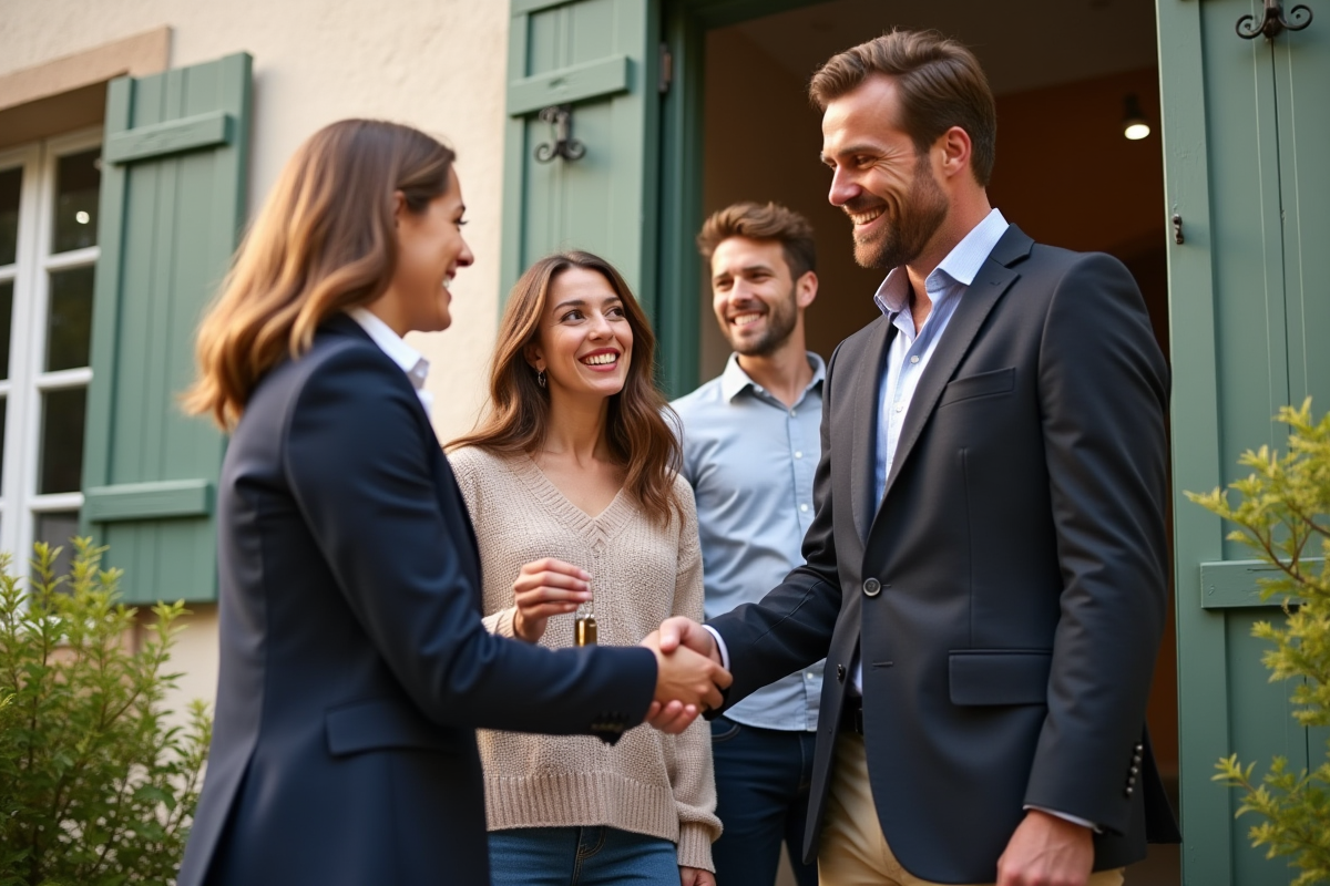 Notaire donnant les clés à une famille devant immeuble rénové