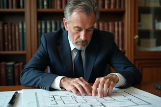 Notaire examinant un plan de surface privative d'un bien immobilier dans son étude