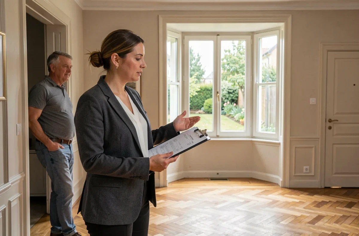 Notaire femme réalisant une estimation d'une maison en visitant une propriété avec le propriétaire