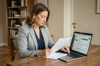 Nouvelle copropriétaire anxieuse consultant MyFoncia sur son ordinateur portable pour préparer son assemblée générale