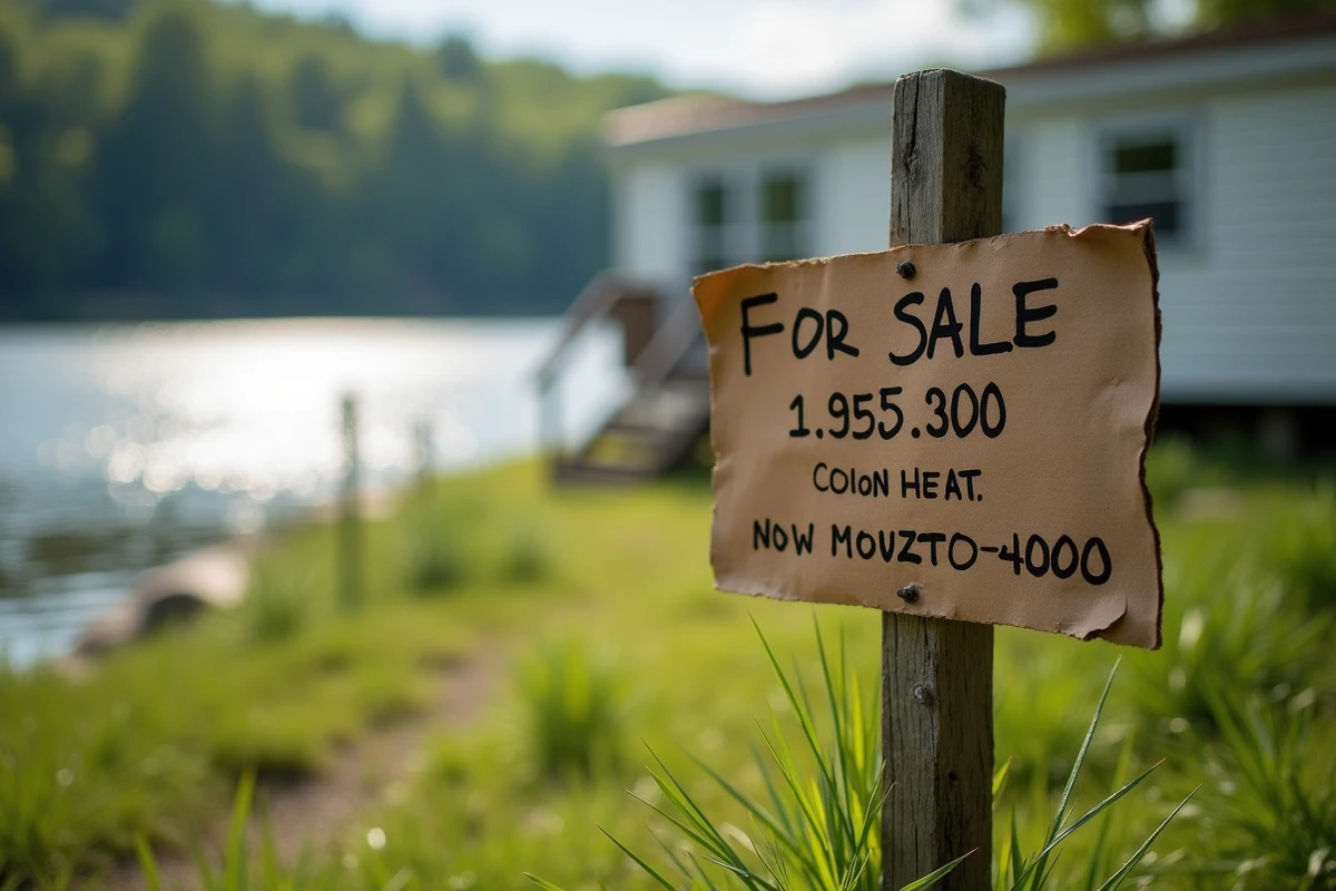 Panneau à vendre planté dans une parcelle herbeuse en bord de lac avec un mobil home et le plan d'eau visibles en arrière-plan flou