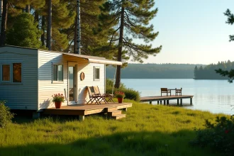 Parcelle de terrain avec mobil home blanc positionné en bord de lac entouré d'arbres, avec ponton en bois s'avançant sur l'eau calme