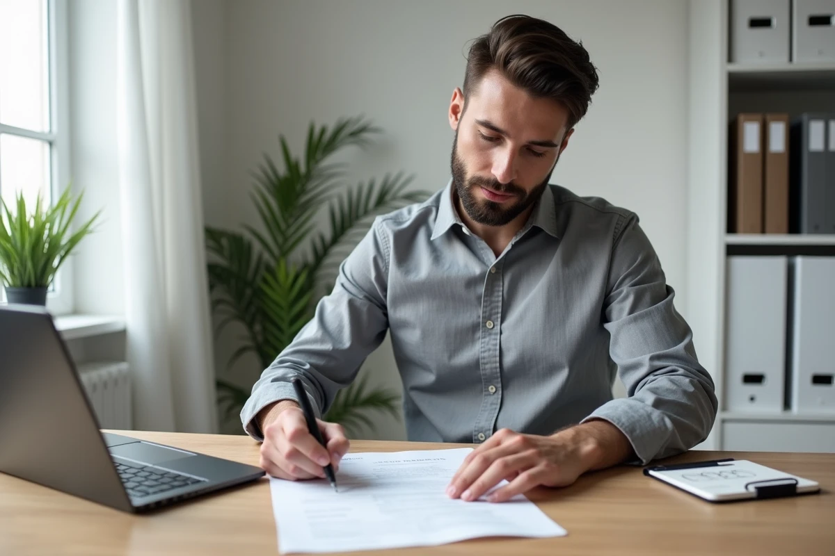Particulier étudiant un contrat de mandat immobilier avec des notes manuscrites sur les frais d'agence
