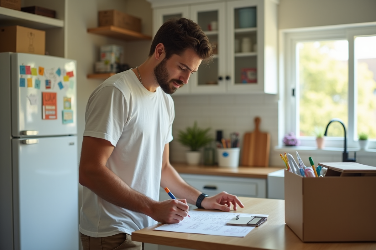 Jeune père vérifiant sa liste de déménagement dans la cuisine