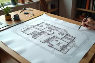 Plan de maison mitoyenne par garage étalé sur une table d'architecte avec annotations techniques au crayon