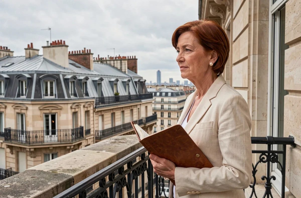 Propriétaire d'un appartement de prestige parisien évaluant la plus-value immobilière sur une terrasse haussmannienne
