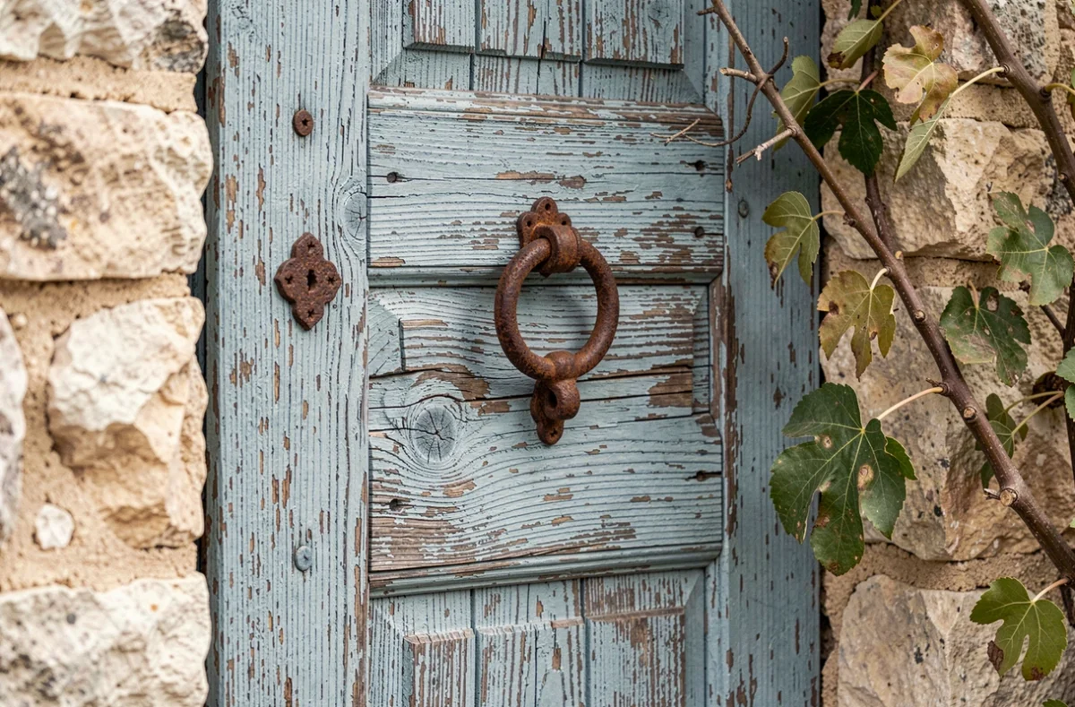 Détail d'une porte en bois ancienne et délabrée d'une maison abandonnée en Provence, peinture bleue écaillée et ferronnerie rouillée