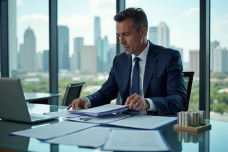 Professionnel de l'immobilier comparant des dossiers de TVA marchand de bien et d'investissement locatif classique dans un bureau moderne