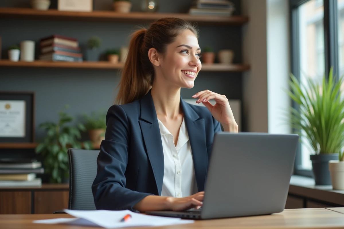 Jeune femme professionnelle en immobilier travaillant sur son ordinateur