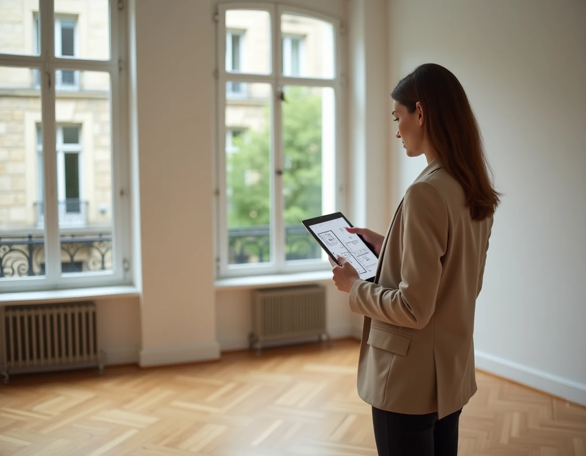 Professionnelle de l'immobilier avec tablette affichant un plan de surface privative dans un appartement vide
