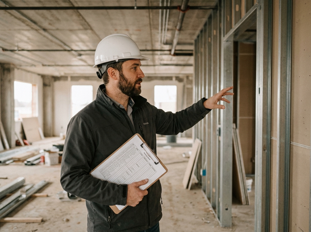 Project manager immobilier supervisant l'avancement des travaux d'aménagement intérieur d'un immeuble commercial en chantier