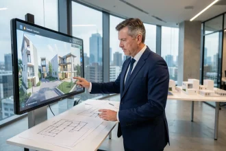 Promoteur immobilier consultant une visite virtuelle 360 degrés sur écran tactile dans un bureau architectural moderne