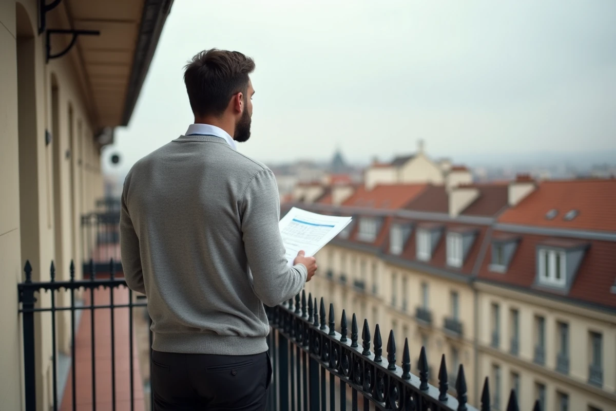 Propriétaire immobilier consultant un document d'estimation de loyer sur le balcon d'un immeuble lyonnais avec vue sur les toits