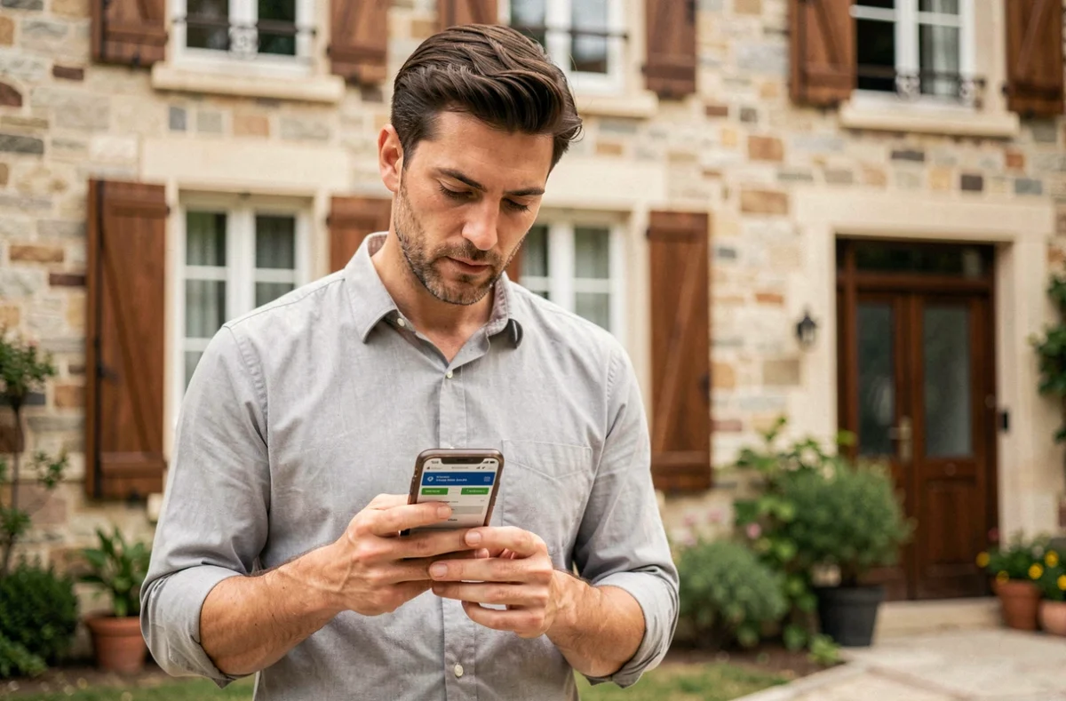 Propriétaire évaluant son bien immobilier en ligne depuis son smartphone devant sa maison à vendre