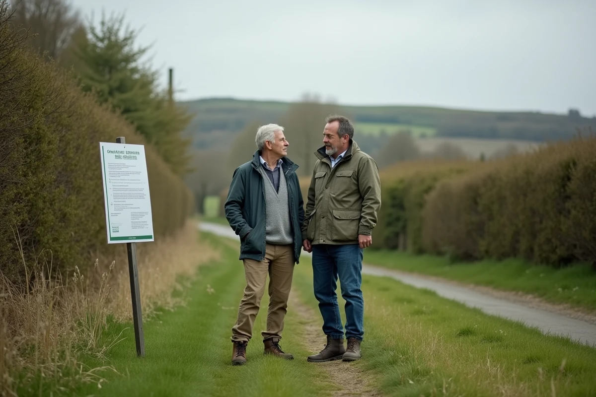 Couple de propriétaires consultant un panneau de permis de construire sur un terrain en zone naturelle N à la campagne