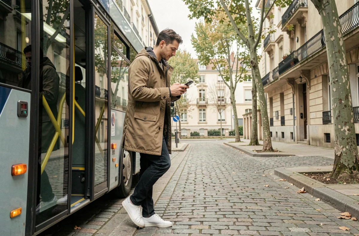 Jeune homme descendant d'un bus dans un quartier résidentiel de Saint-Étienne