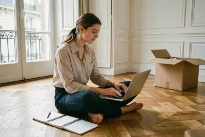 Jeune femme consultant des annonces de location d'appartement à Paris sur son ordinateur portable, assise sur le parquet d'un appartement haussmannien