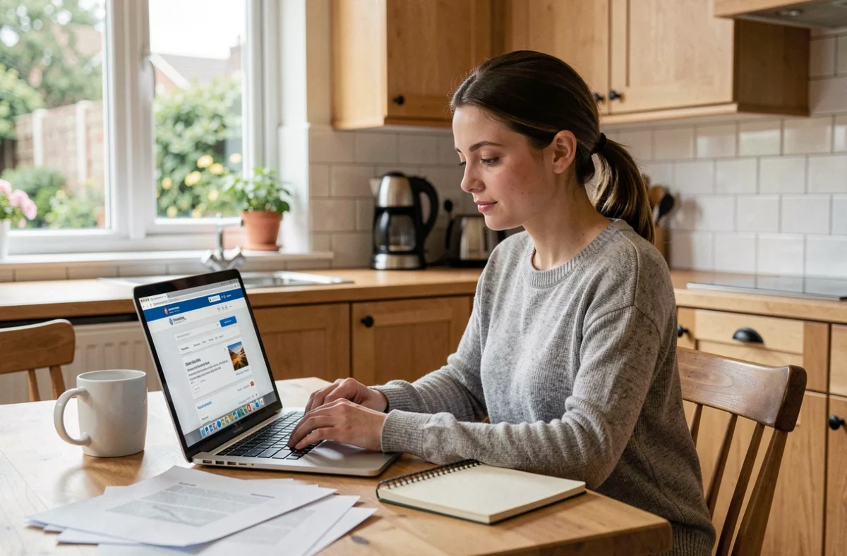 Jeune femme recherchant le propriétaire d'une maison sur internet depuis chez elle