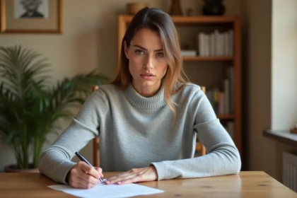 Femme rédigeant une lettre de préavis de logement à la main à une table en bois dans un appartement