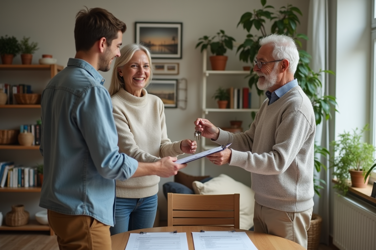 Couple retraité remet des clés à un jeune homme dans un appartement