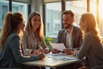 Jeune couple souriant rencontrant un agent immobilier dans un bureau lumineux