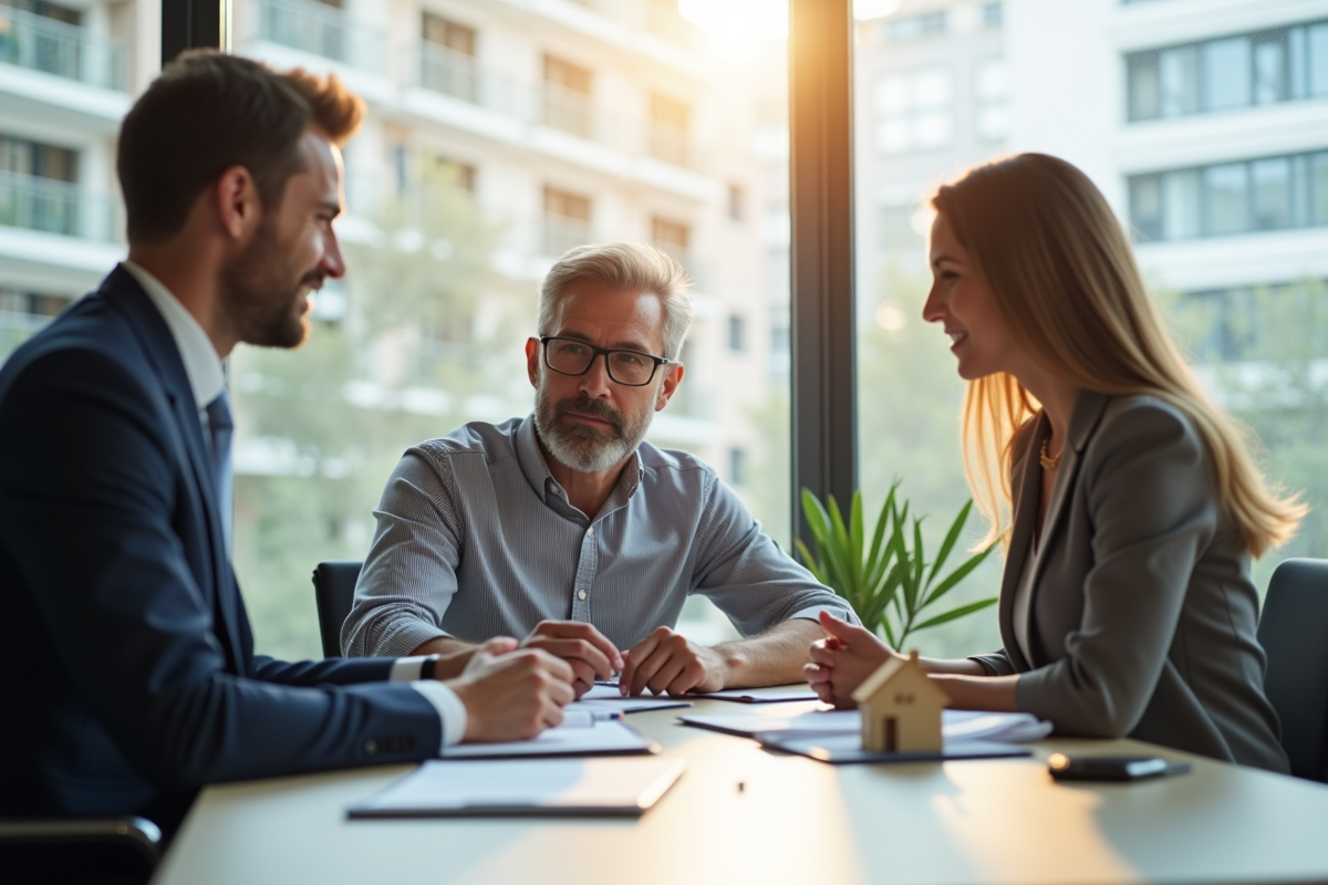 Couple rencontrant un conseiller financier dans un bureau lumineux