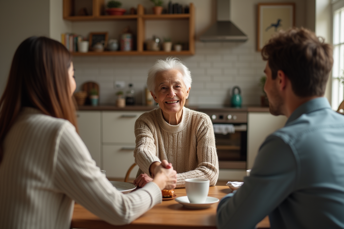 Femme âgée saluant un jeune couple à table dans un intérieur chaleureux