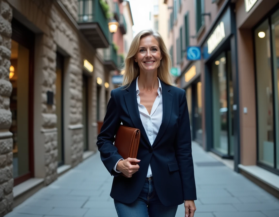 Femme d'affaires marchant dans une rue piétonne d'Andorre la Vieille avec des bâtiments en pierre et des façades commerciales modernes