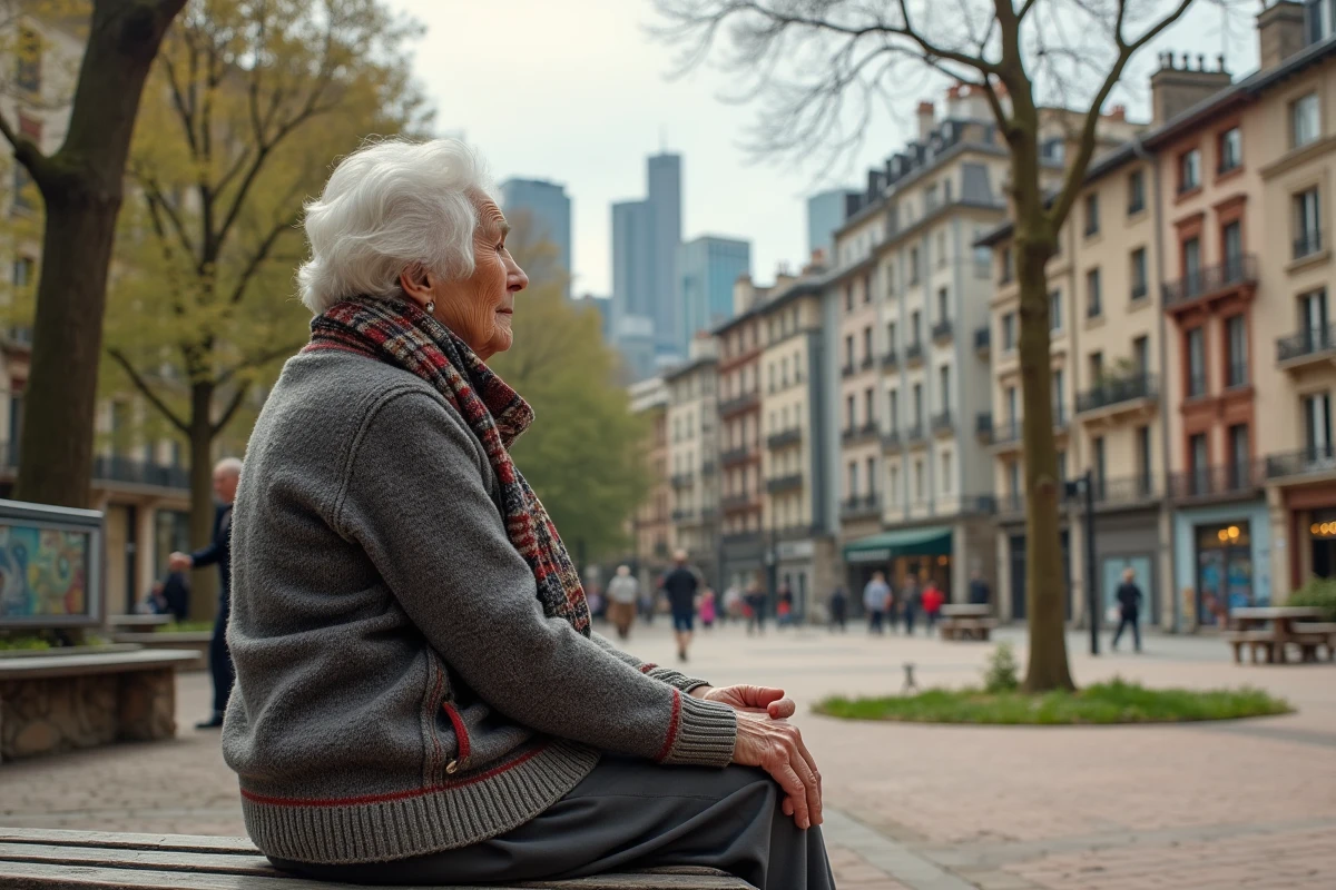 Femme retraitée assise dans la cour de la cité Picasso