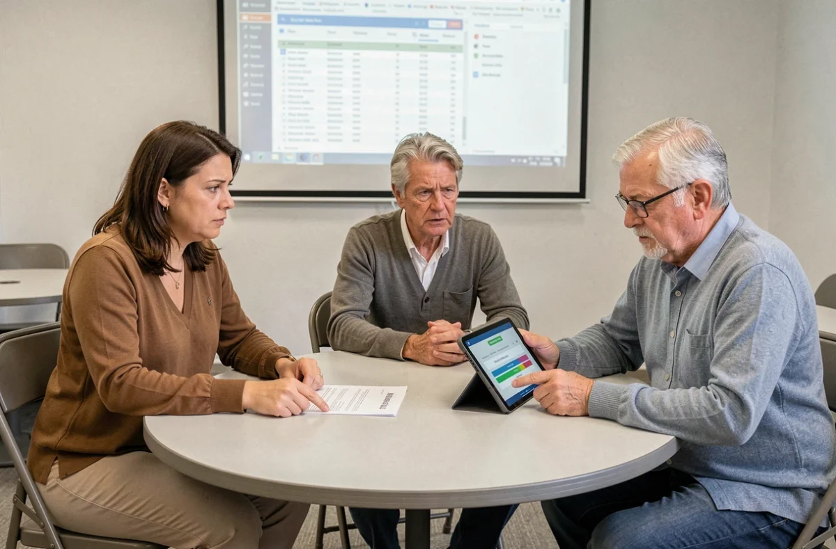Groupe de copropriétaires en réunion d'assemblée générale consultant les documents et une interface numérique de vote
