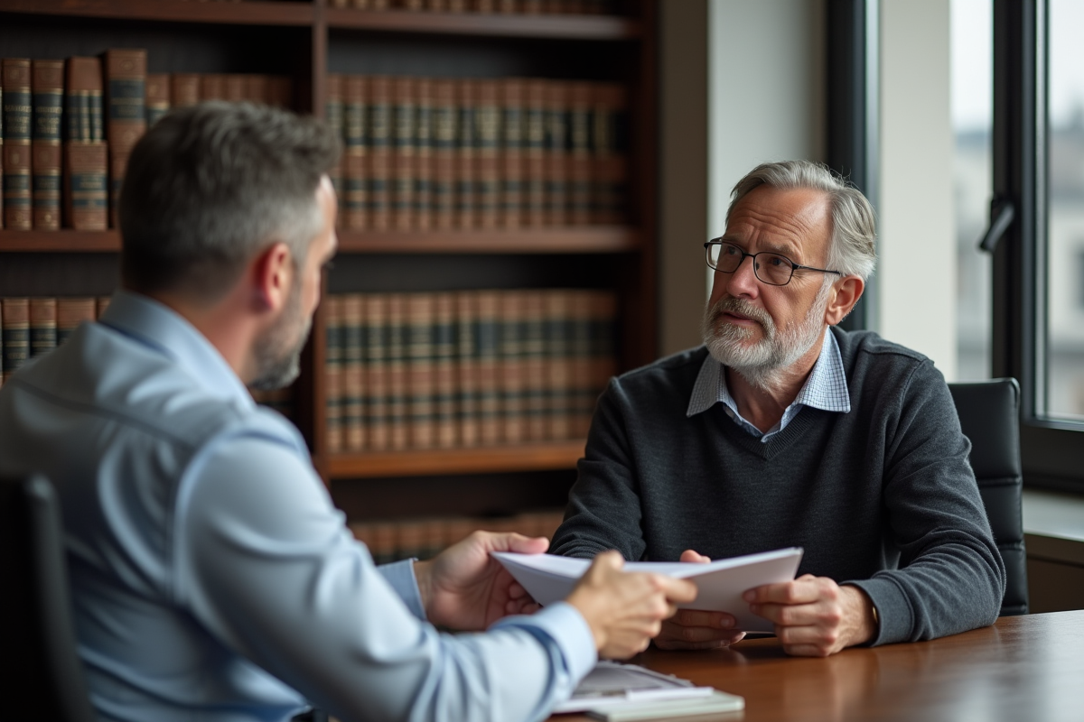 Deux hommes en réunion d affaires passent un dossier dans un bureau