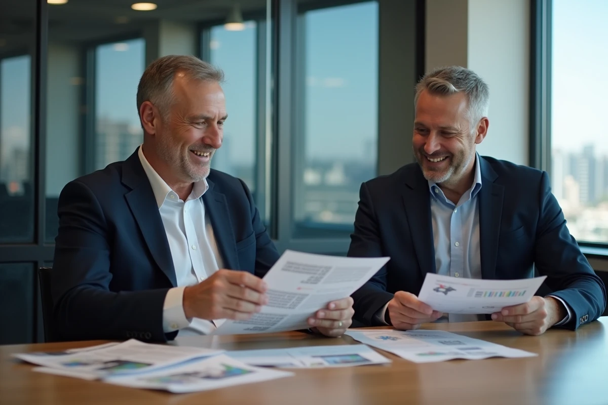 Deux hommes en réunion discutant de documents et tablette